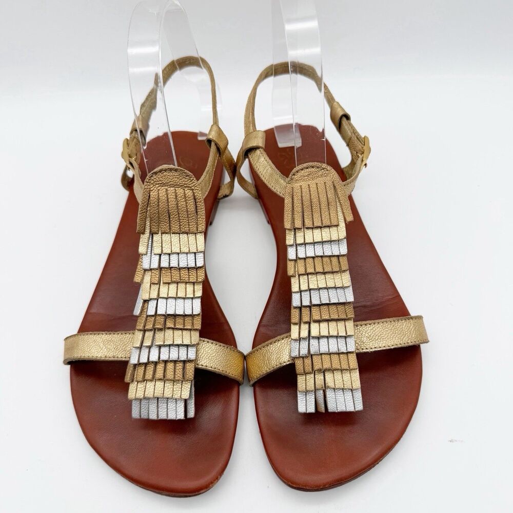 Matt Bernson Gold Silver Metallic Fringe Leather Ankle Strap Flat Sandals US 8